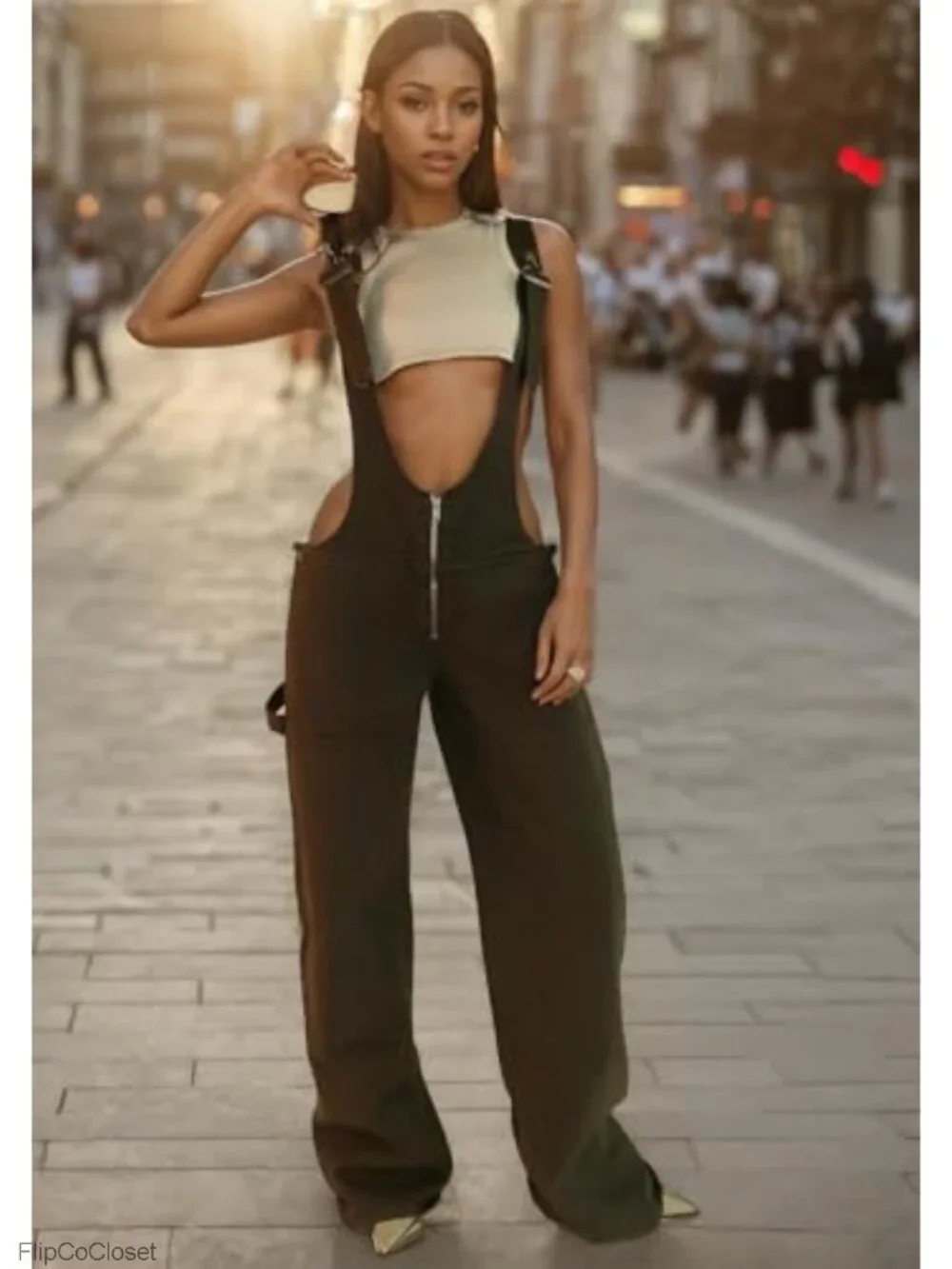 Women's Denim Overalls Adjustable Strap Wide Leg Cargo Jumpsuit